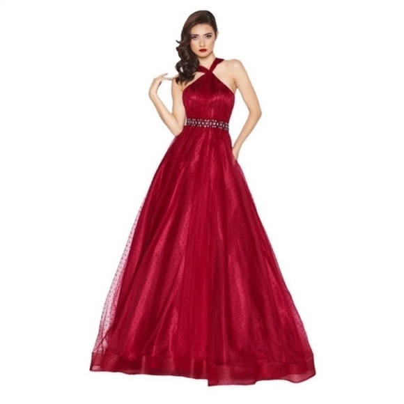 NWOT Beautiful Mac Duggal Burgundy Prom Gown in Tulle Polka Dots - Picture 3 of 8